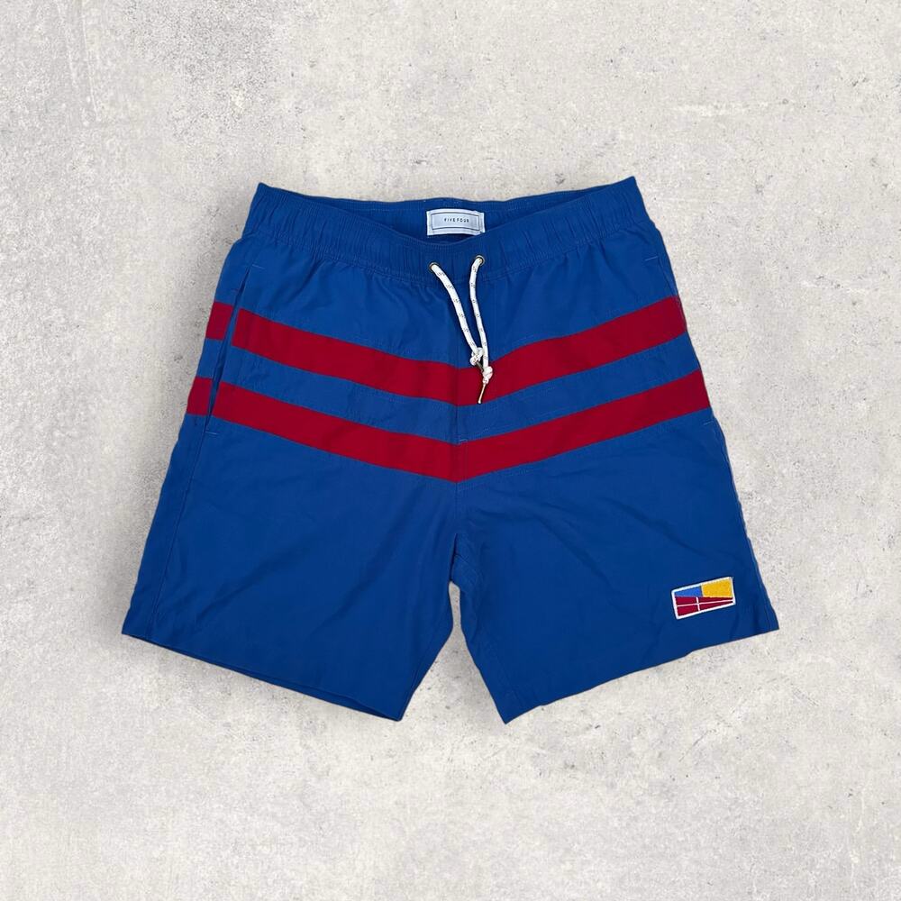 Vintage Five Four Men’s Blue Swim Shorts with Red Stripes Sz: 30